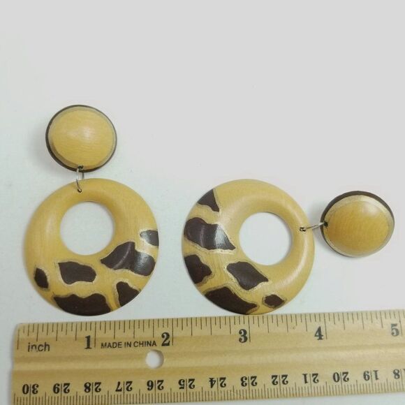 Vintage Tan and Brown Dangle Doorknocker Style Stud Earrings, Retro Estate - Picture 3 of 6